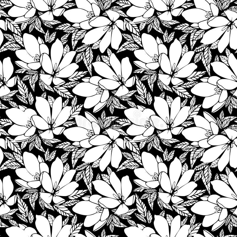 Asymmetrical Seamless Floral White Outline Pattern on Black Background
