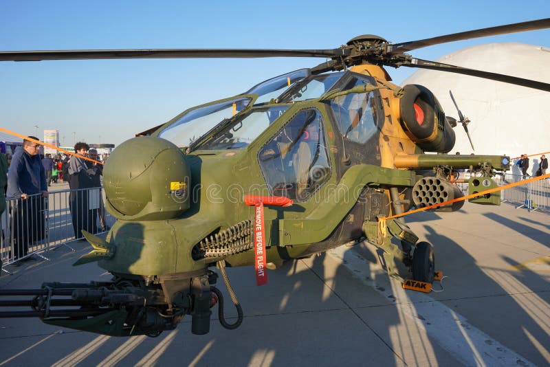 ISTANBUL, TURKIYE - MAY 01, 2023: Turkish Army TAI T-129A ATAK displayed at Istanbul Ataturk Airport during Teknofest Istanbul. ISTANBUL, TURKIYE - MAY 01, 2023: Turkish Army TAI T-129A ATAK displayed at Istanbul Ataturk Airport during Teknofest Istanbul