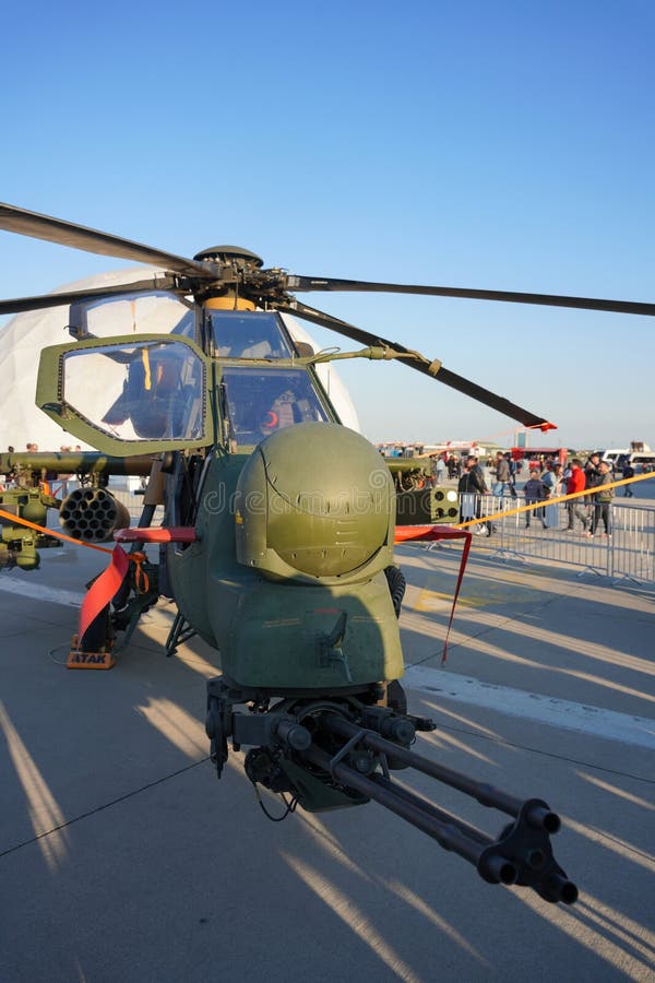 ISTANBUL, TURKIYE - MAY 01, 2023: Turkish Army TAI T-129A ATAK displayed at Istanbul Ataturk Airport during Teknofest Istanbul. ISTANBUL, TURKIYE - MAY 01, 2023: Turkish Army TAI T-129A ATAK displayed at Istanbul Ataturk Airport during Teknofest Istanbul