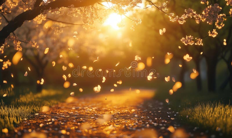 Atardecer dorado iluminando pétalos de flores de cerezo cayendo a lo largo de un sendero sereno imagen de archivo