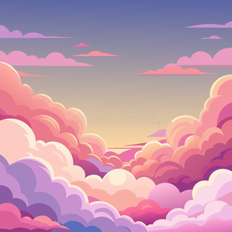 Atardecer rosa o cielo de amanecer con cúmulos de nubes al estilo anime. neblina cumulus con luz de color gradiente y brillo solar stock de ilustración
