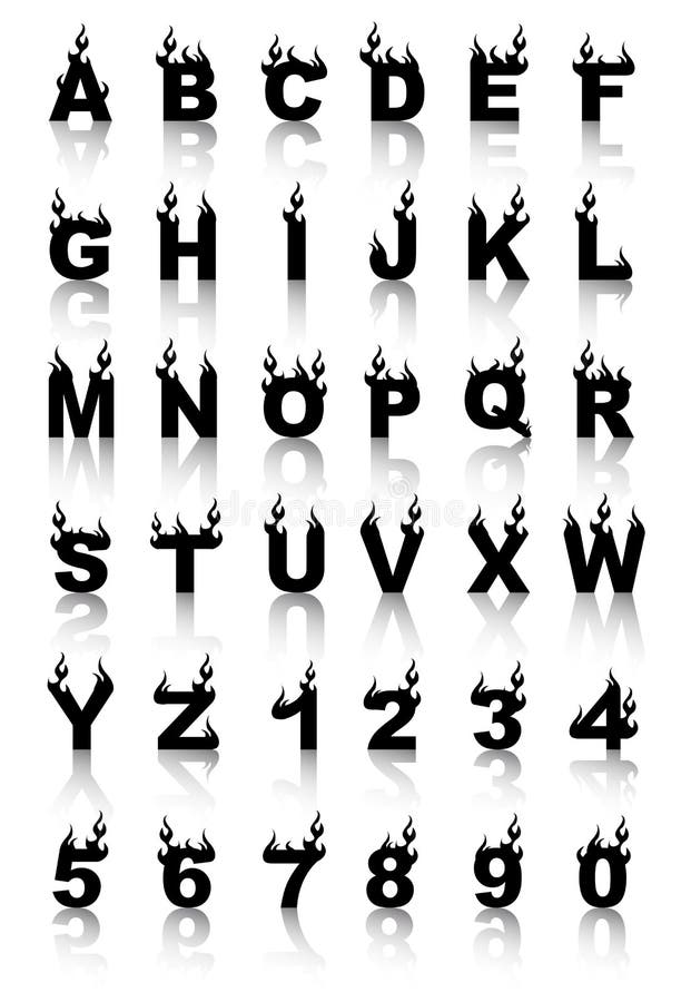 Fire alphabet, cartoon-style, simple black with shadows for web. Fire alphabet, cartoon-style, simple black with shadows for web