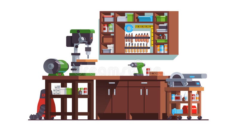 Atelier de tâmplărie cu burgher și banc de lucru royalty free illustration