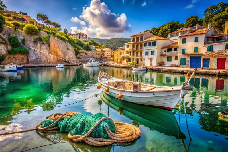 Atemberaubende Panoramasicht auf Cala Figuera Hafen in Mallorca ein Fischerboot und Fisch umarmt die mediterrane Sonne lizenzfreie abbildung