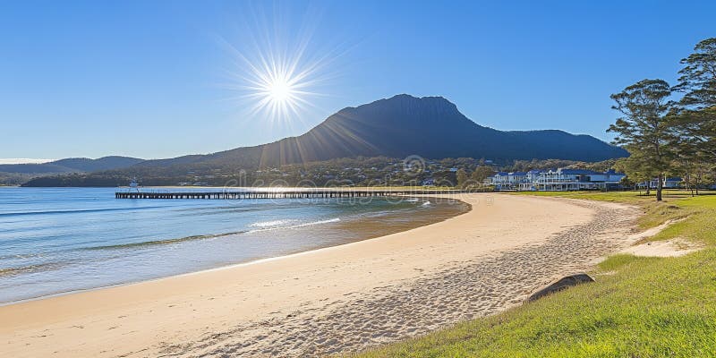Atemberaubende Sonnenaufgang Strandszene Pier Almhäuser lizenzfreie abbildung