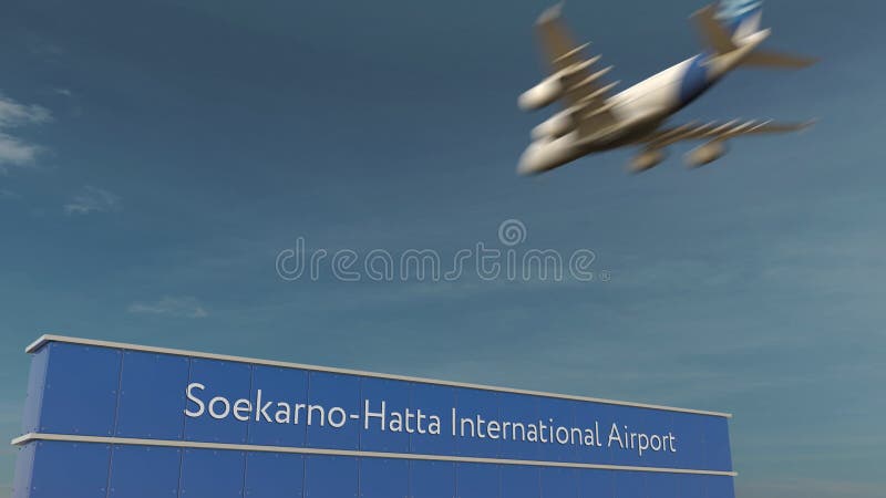 Aterrizaje de aeroplano comercial en la representación del aeropuerto internacional 3D de Soekarno-Hatta imagenes de archivo Aterrizaje de aeroplano comercial en la representación del aeropuerto internacional 3D de Soekarno-Hatta imagenes de archivo