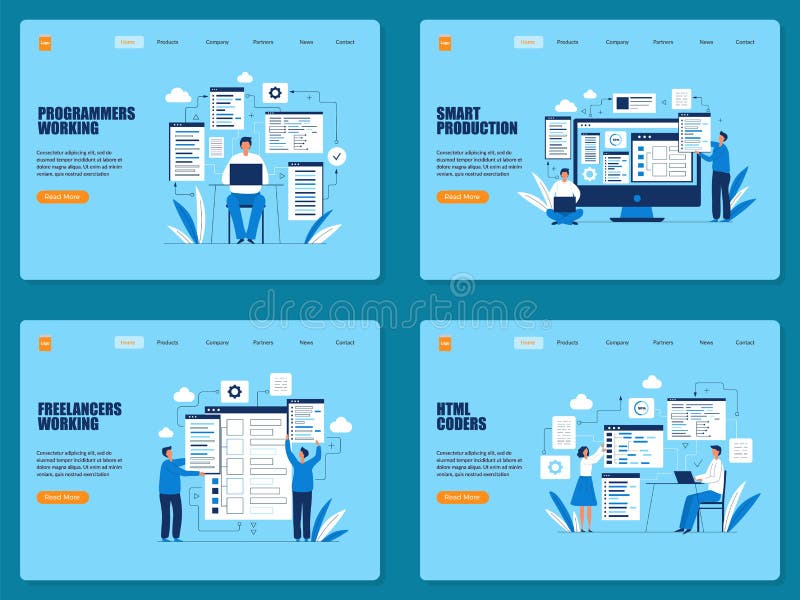 Aterrizaje de copos. trabajadores independientes que convierten el código de programación en diseñadores de personajes inteligente stock de ilustración