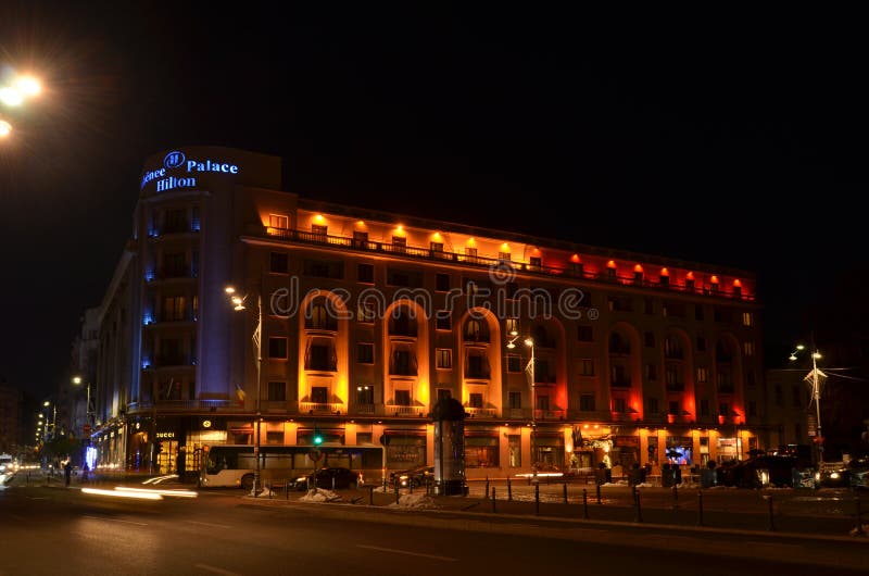 Athenee Palace Hilton In Colors Of Romanian Flag Editorial Stock