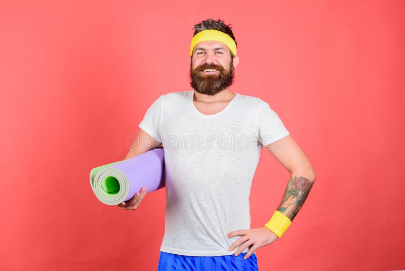 Athlete coach ready for training. Old school aerobics concept. I will teach you stretch. Stretching and pilates concept royalty free stock photos Athlete coach ready for training. Old school aerobics concept. I will teach you stretch. Stretching and pilates concept royalty free stock photos