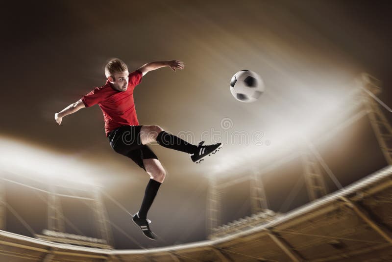 Man Soccer Football Player Flying Kicking Stock Photo Image of