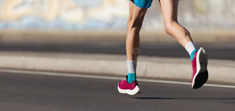 Athlete Runner Feet Running on Road Close Up on Shoe Stock Image ...