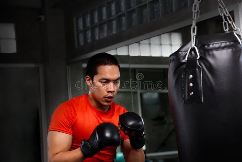 Athleten lochen in der Turnhalle Männliche Aktion eines boxenden fighte lizenzfreie stockfotos Athleten lochen in der Turnhalle Männliche Aktion eines boxenden fighte lizenzfreie stockfotos
