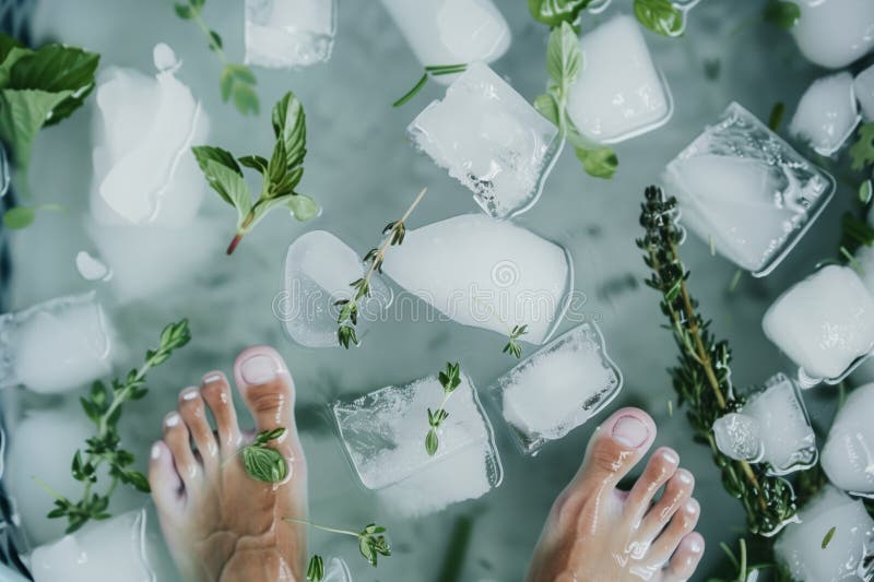 Athletes Feet in an Ice Bath with Floating Ice Cubes and Herbs Stock Image Image of care