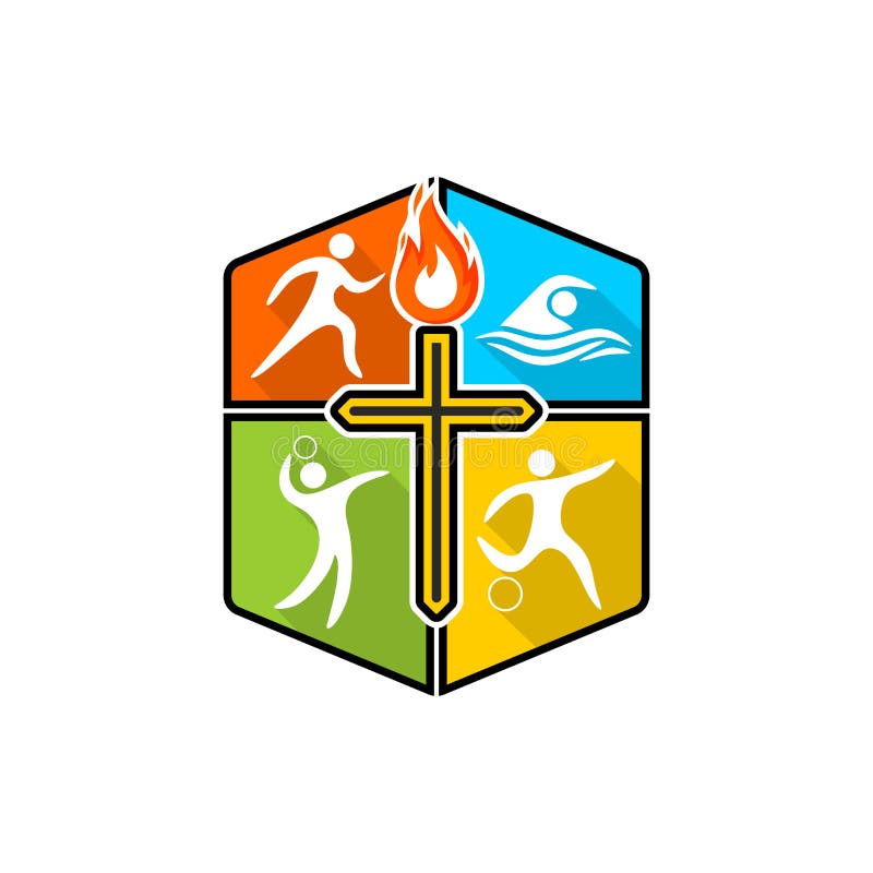 Athletic Christian logo. Various kinds of sports on a multi-colored shield. The cross of Jesus Christ, the flame of the Holy vector illustration Athletic Christian logo. Various kinds of sports on a multi-colored shield. The cross of Jesus Christ, the flame of the Holy vector illustration