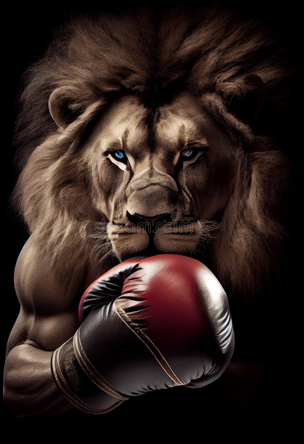 Athletic Lion in Boxing Gloves. AI Generated. Stock Illustration