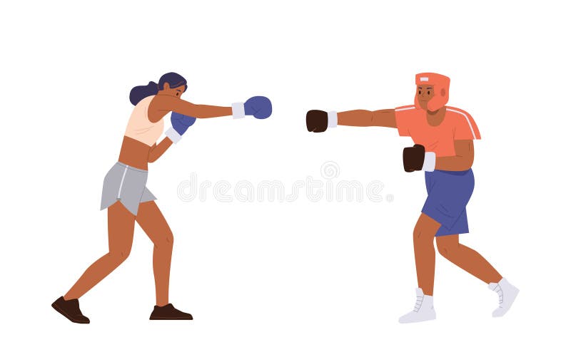 Athletic man woman boxer cartoon characters set training fighting enjoying sport combat vector illustration. Sportive male and female fighter wearing boxing gloves having sparring isolated on white. Athletic man woman boxer cartoon characters set training fighting enjoying sport combat vector illustration. Sportive male and female fighter wearing boxing gloves having sparring isolated on white