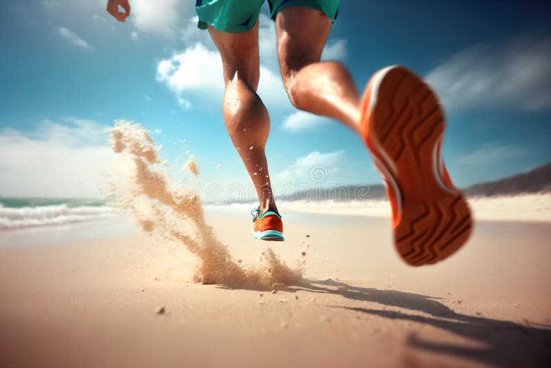 Athletic Running on the Beach. Generative AI Stock Illustration