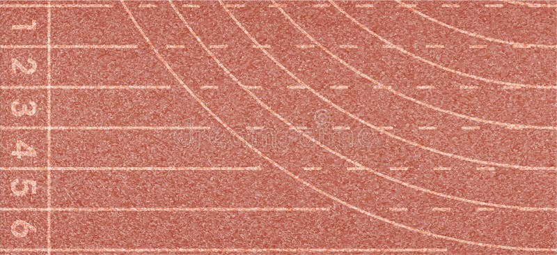 Athletics running textured track with start numbers and lines vector illustration. Top view red treadmill stock illustration