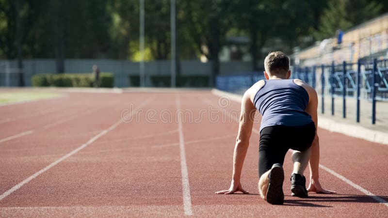 Athlète en position de départ à courir sur le stade, formation professionnelle de sportif photos stock Athlète en position de départ à courir sur le stade, formation professionnelle de sportif photos stock