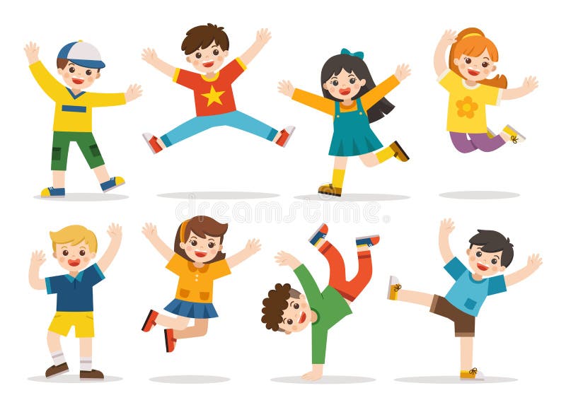 Atividades do ` s das crianças Crianças felizes que saltam junto no fundo Os meninos e as meninas estão jogando junto felizmente