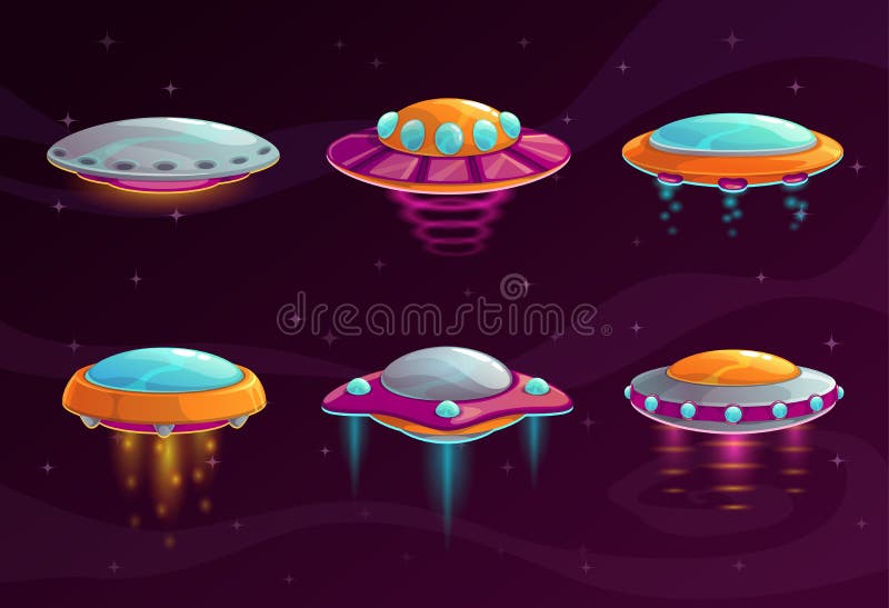 Ativos coloridos do UFO dos desenhos animados ajustados ilustração do vetor