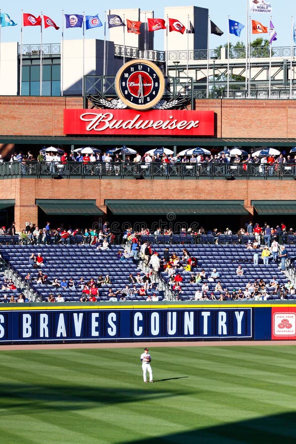 Atlanta Brave Centerfielder Nate McLouth in the outfield as fans in the rightfield Budweiser pavillion during a doubleheader baseball game between the Atlanta Braves and Milwaukee Brewers. Atlanta Brave Centerfielder Nate McLouth in the outfield as fans in the rightfield Budweiser pavillion during a doubleheader baseball game between the Atlanta Braves and Milwaukee Brewers.