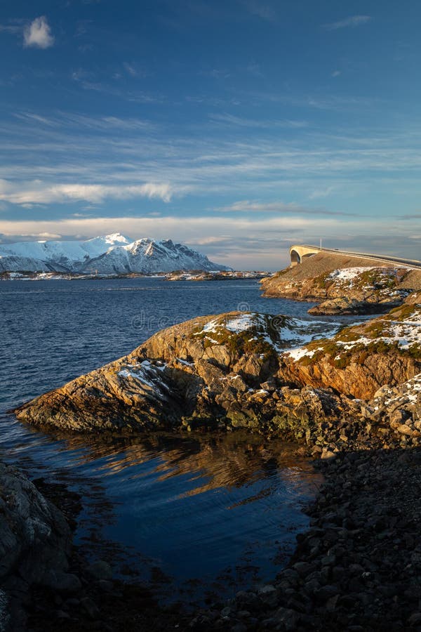 Atlantic Ocean Road in Winter Sunny Day. Famous High Bridge Over the Sea Stock Image - Image of