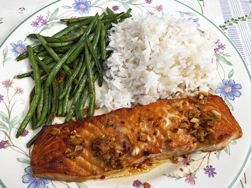 Atlantic Salmon Fillet with White Rice and Green Beans Stock Image