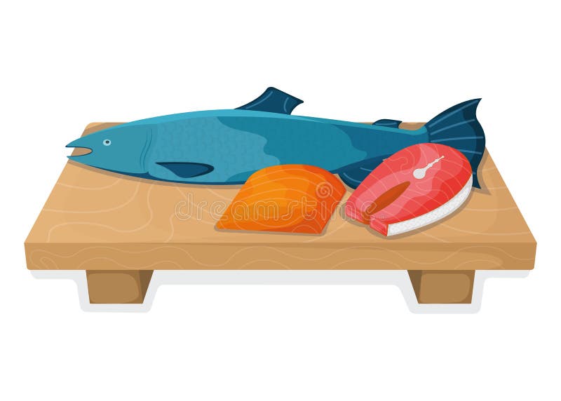 Atlantic Salmon Fish Food Concept, Fresh Humpback Foodstuff Cartoon Style  Isolated on White, Flat Vector Illustration. Kitchen Stock Vector -  Illustration of cartoon, board: 195056890