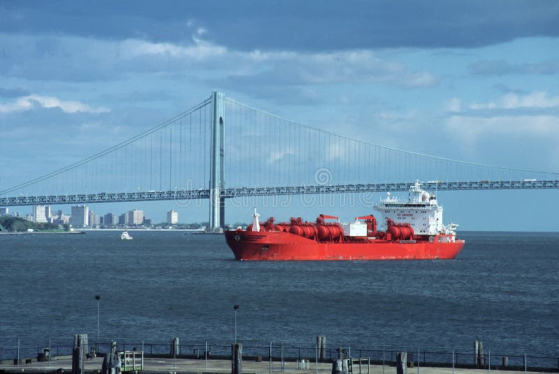 Seagoing transport ship awaits berth in port of New York. Seagoing transport ship awaits berth in port of New York.