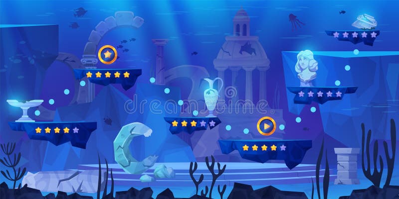 Atlantis game level. Underwater lost civilization video gaming map gui score interface, sunken ancient city ruins royalty free illustration