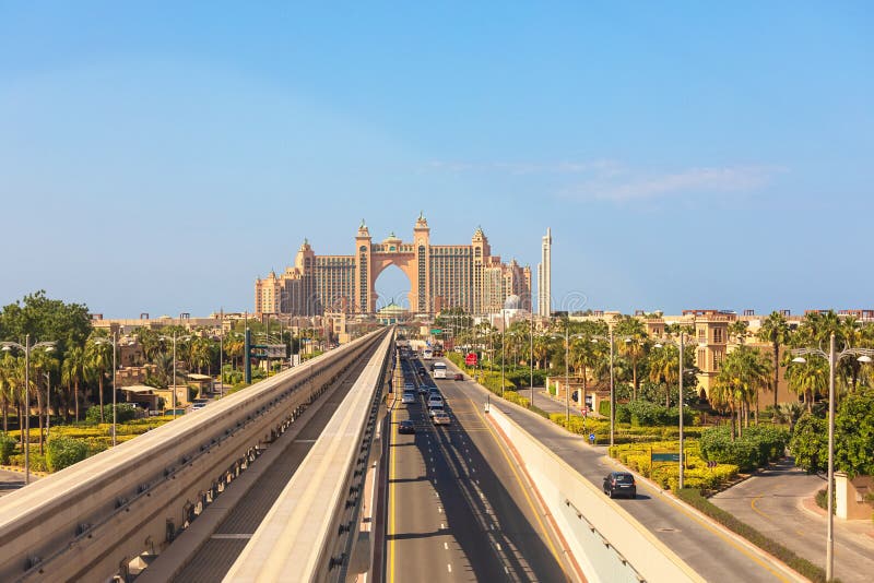 Atlantis hotel view from monorail train on man-made island Palm Jumeirah in Dubai stock photography