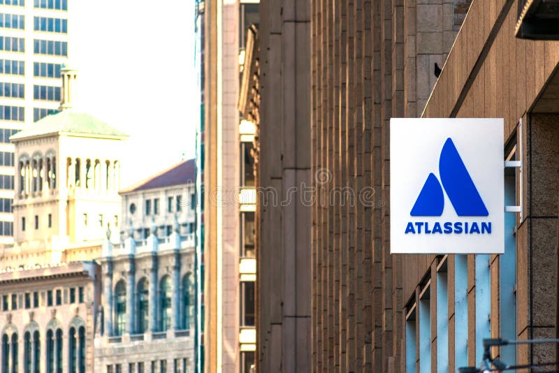 Atlassian logo at HQ of Australian enterprise software company. Atlassian develops products for software development, project stock photo