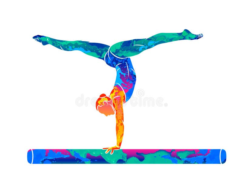Atleta feminina abstrata fazendo um complicado truque empolgante no feixe de balanço da ginástica