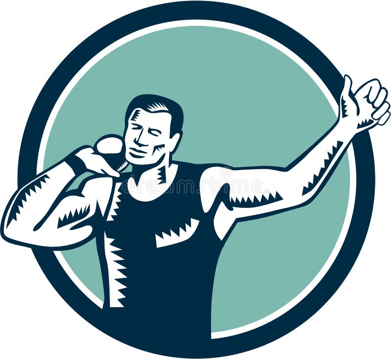 Atleta posto tiro Woodcut do atletismo ilustração do vetor Atleta posto tiro Woodcut do atletismo ilustração do vetor