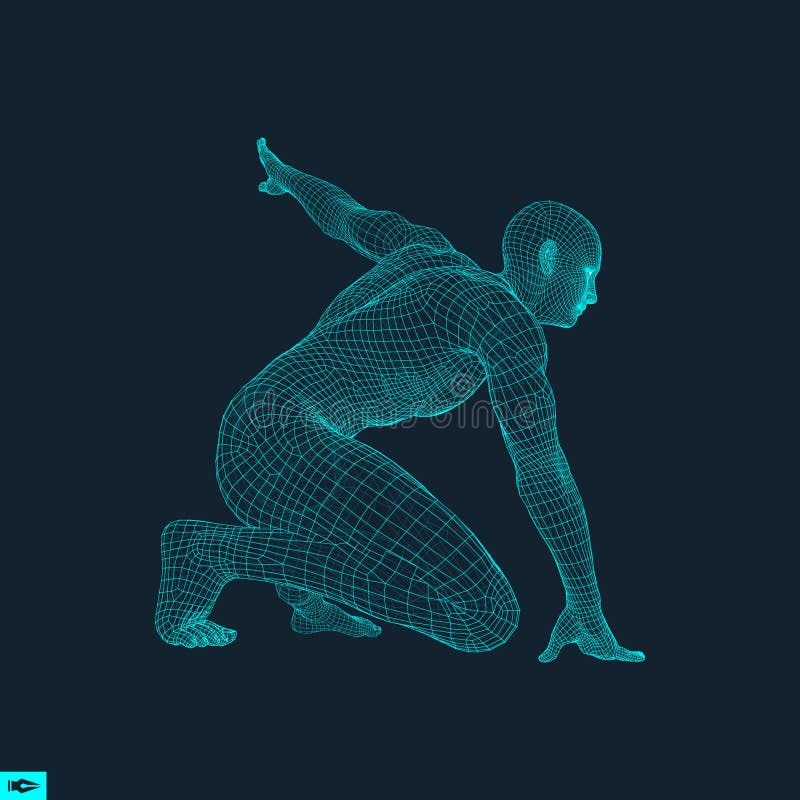 Atleta przy zaczyna pozycją przygotowywającą zaczynać rasy Biegacz przygotowywający dla sporta ćwiczenia Ciało Ludzkie drutu mode ilustracja wektor