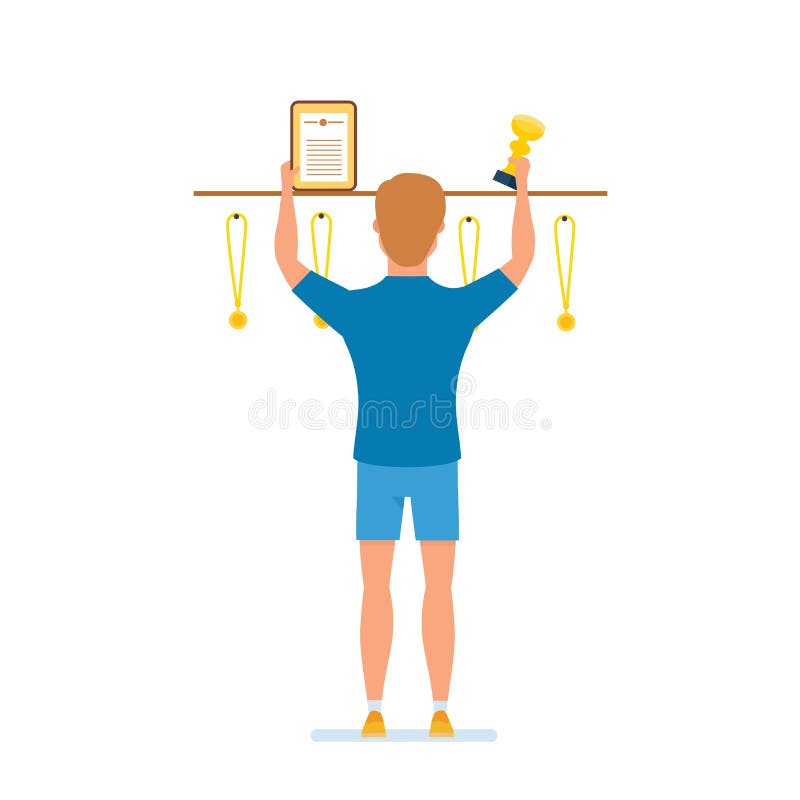 Atleta uzupełnia kolekcję nagrody, dyplomy, medale Sukces, przyrost, zwycięstwo ilustracja wektor Atleta uzupełnia kolekcję nagrody, dyplomy, medale Sukces, przyrost, zwycięstwo ilustracja wektor