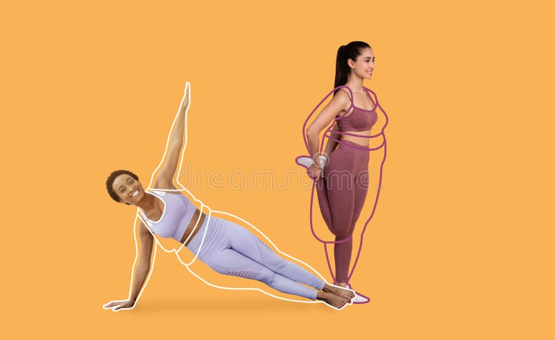 Atlete allegre arabe e giovani donne nere con imprechi sportivi sovrappeso, donne che girano per il corpo e fanno esercizi immagine stock libera da diritti