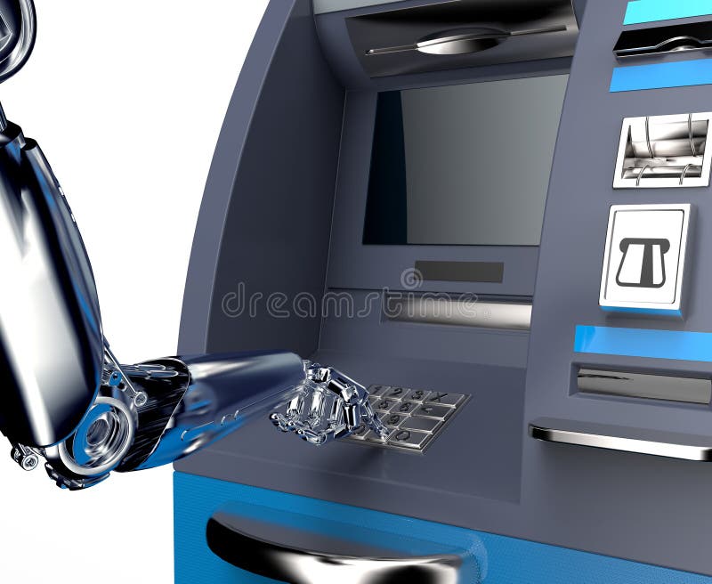 Atm cash machine with robot hand isolated on white