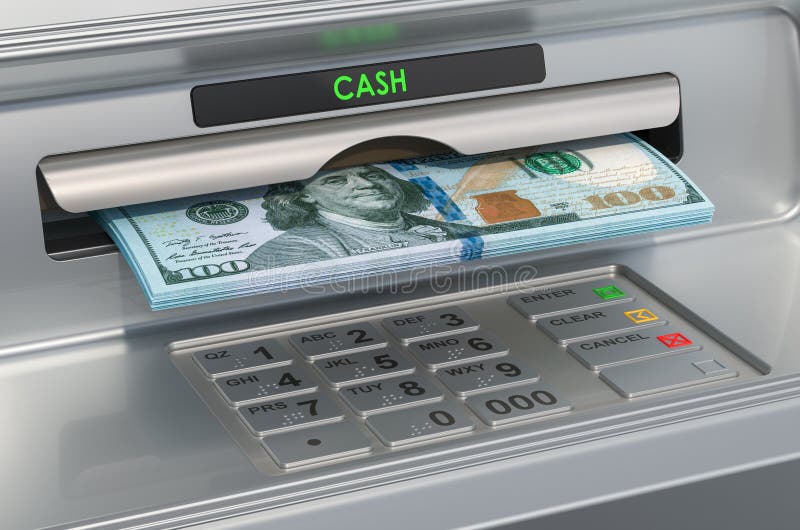 ATM Machine with Dollars. Withdrawing Dollar Banknotes, 3D Rendering