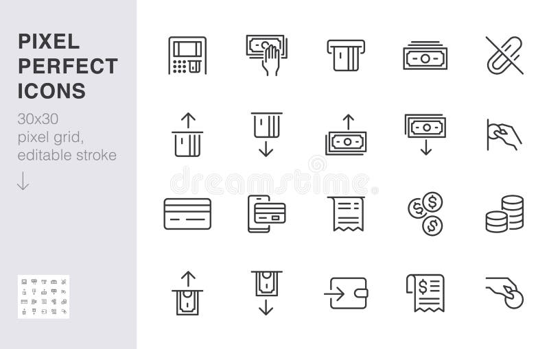 Atm machine line icon set. Withdraw money, deposit, hand taking cash, receipt minimal vector illustration. Simple