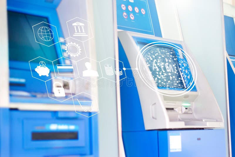 ATM-Maschinen mit Bankwesenikone des globalen Netzwerks, automatisches Geld stockfotografie ATM-Maschinen mit Bankwesenikone des globalen Netzwerks, automatisches Geld stockfotografie