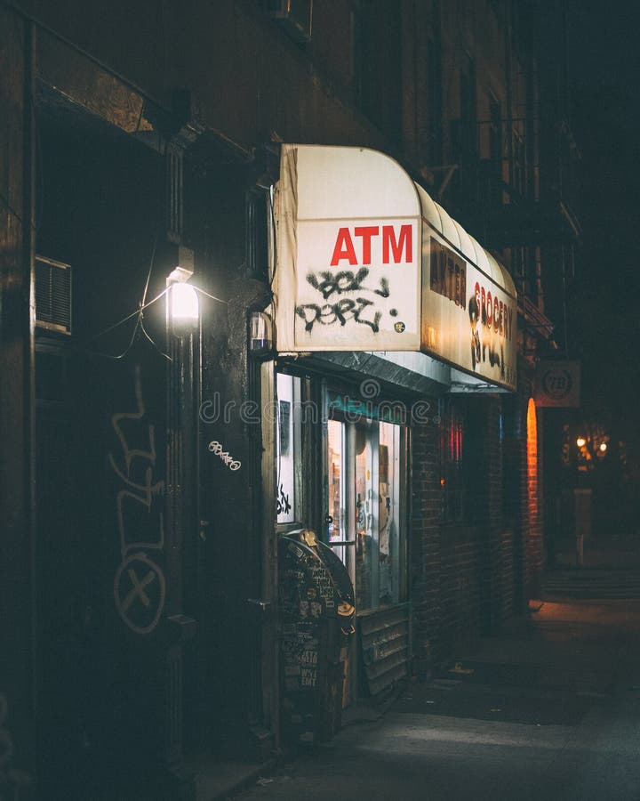 ATM Sign and Corner Store at Night in the East Village, Manhattan, New ...