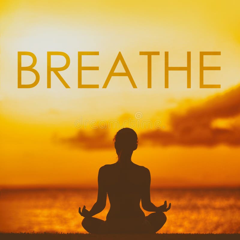 BREATHE yoga inspirational title on sunset beach background woman meditating in lotus pose yoga meditation at sunset. Word breathe written on copy space for motivation in health and fitness concepts. BREATHE yoga inspirational title on sunset beach background woman meditating in lotus pose yoga meditation at sunset. Word breathe written on copy space for motivation in health and fitness concepts.