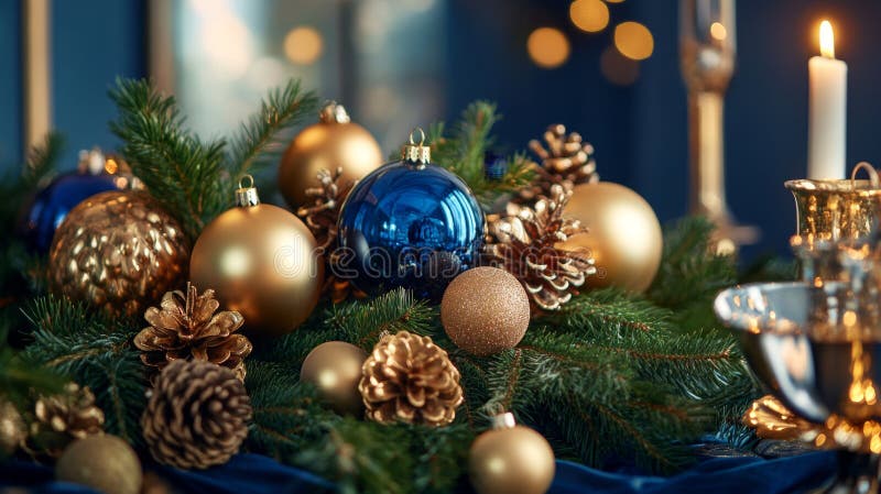 Atmosfera azul deslumbrante com ornamentos e decorações festivos ilustração do vetor