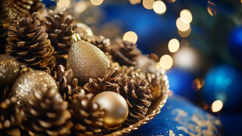 Atmosfera azul deslumbrante com pinecones e ornamentos dourados ilustração do vetor