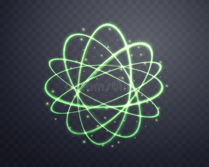 Atom particle, light effect glowing green magic rings. Neon realistic energy swirl. Abstract light effect on a dark vector illustration