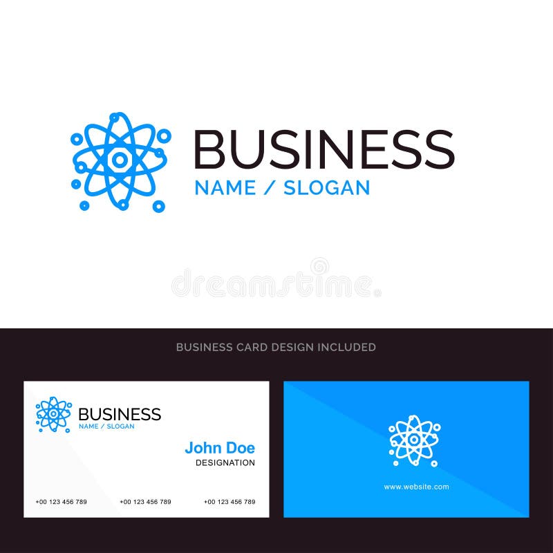 Atom, Particle, Molecule, Physics Blue Business logo and Business Card Template. Front and Back Design vector illustration