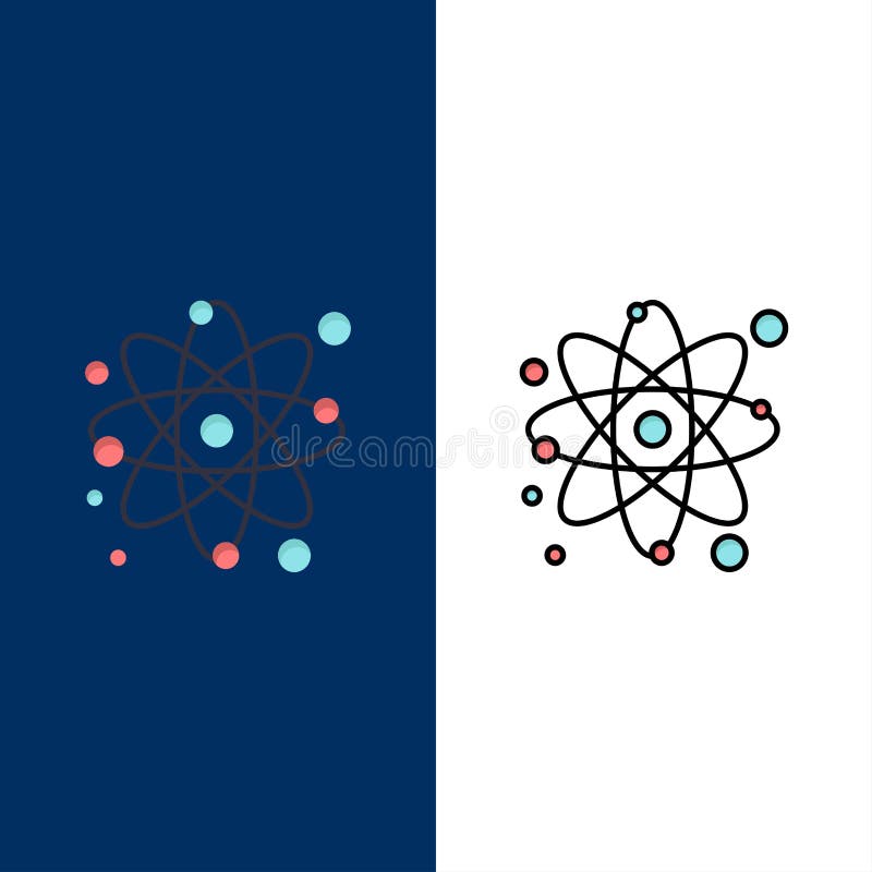 Atom, Particle, Molecule, Physics Icons. Flat and Line Filled Icon Set Vector Blue Background vector illustration.