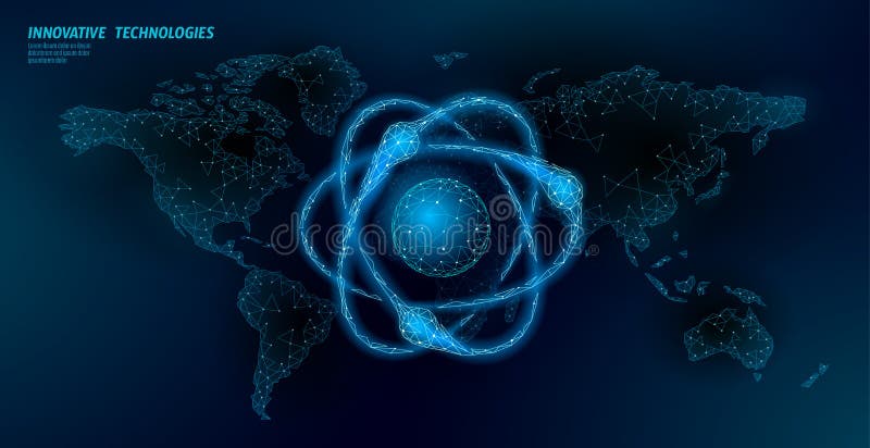 Atom particle sigh on world map. Nuclear military weapons global danger. Atonic power defence country security. Nuke arm royalty free illustration